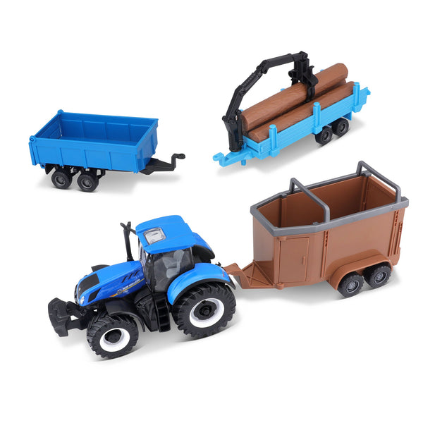 TRACTEUR NEW HOLLAND T7.315 DE 10 CM AVEC 3 REMORQUES