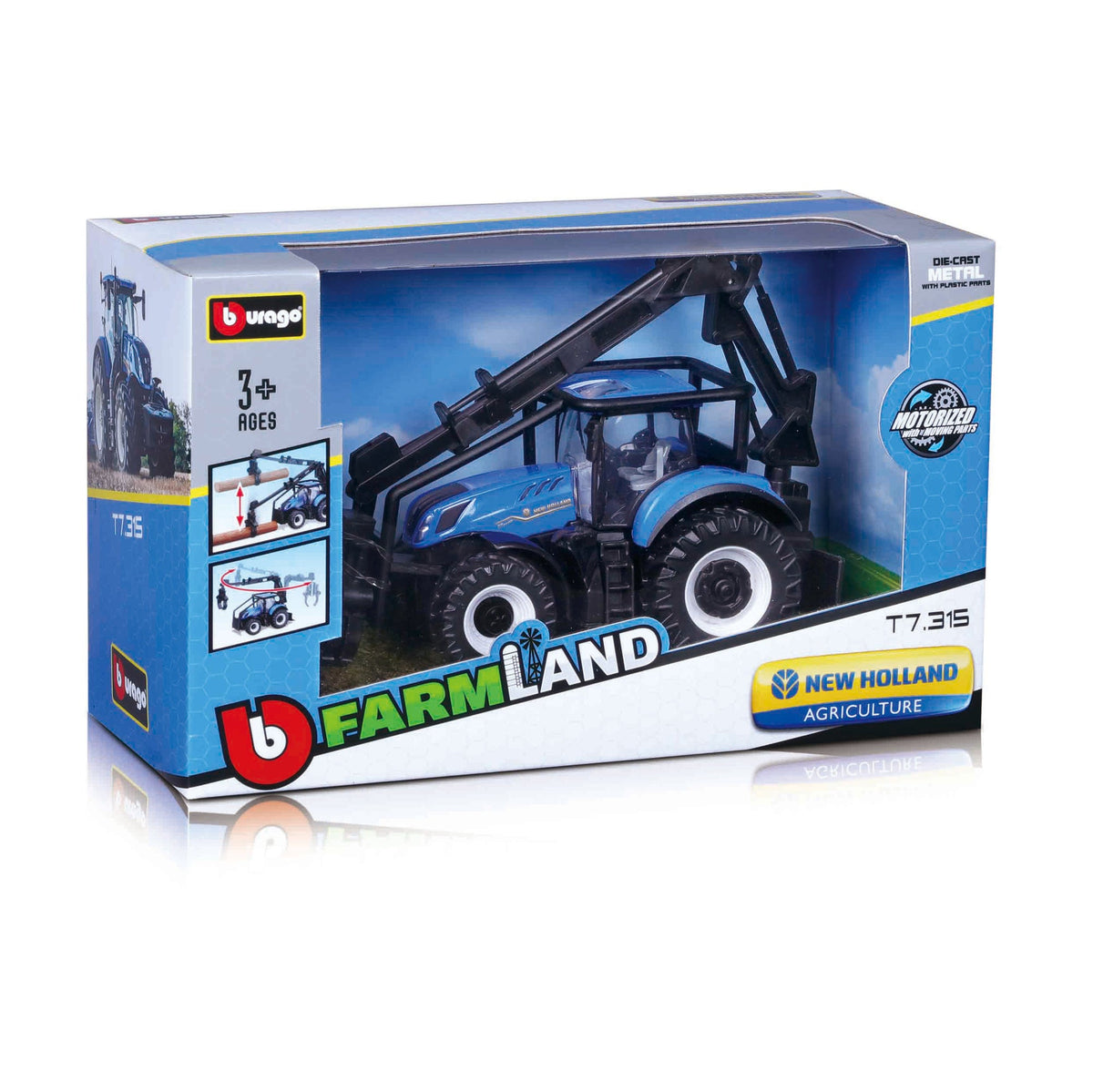 TRACTEUR NEW HOLLAND T7.315 DE 10 CM AVEC CHARGEUR FRONTAL, CHARGEUR DE GRUMES ET 3 GRUMES