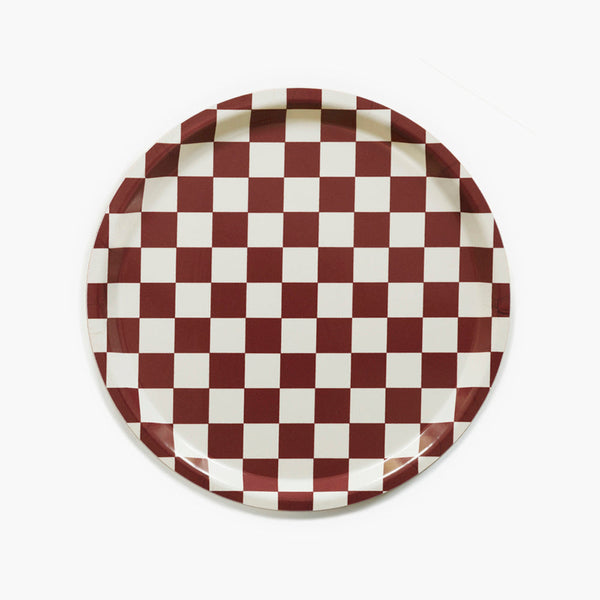 Burgundy/Cream CHECKER Round Serving Tray - 31 cm