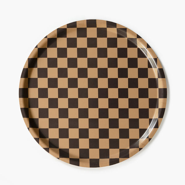 Chocolate/Gold CHECKER Round Serving Tray - 38 cm