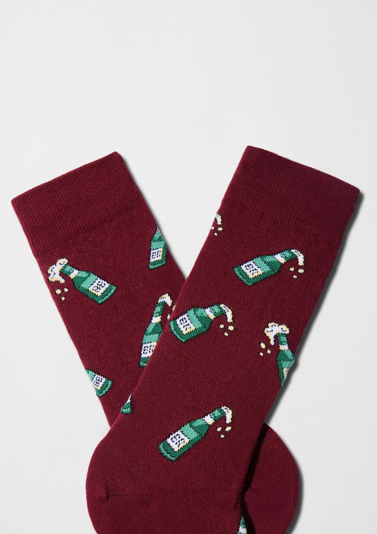 Calcetines BeBeer Burgundy con patrón de botellas de cerveza espumeante en verde - BESOCKS
