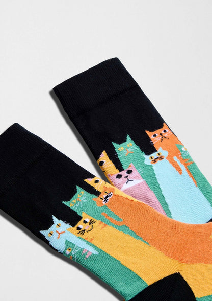 Calcetines negros con diseño gráfico de gatos coloridos - BeCatsGang Black - BESOCKS.