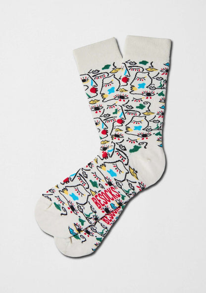 Patrón gráfico de rostros cubistas en color off-white - BESOCKS