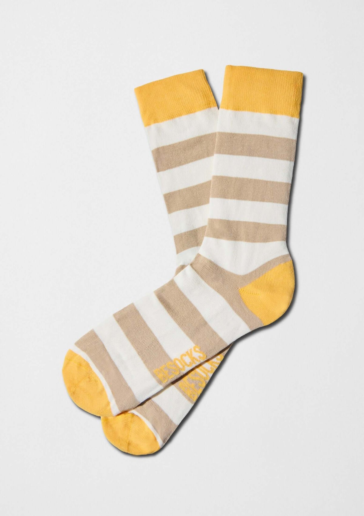 Rayas horizontales beige y blanco roto con detalles en amarillo mostaza - BeStripes Beige & Off-White - BESOCKS
