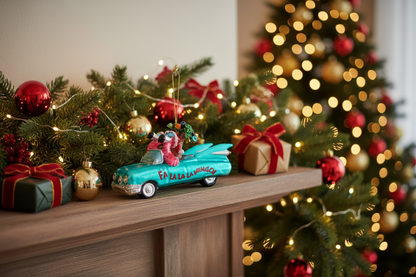 Boule de Noël Flamant rose en Cabriolet