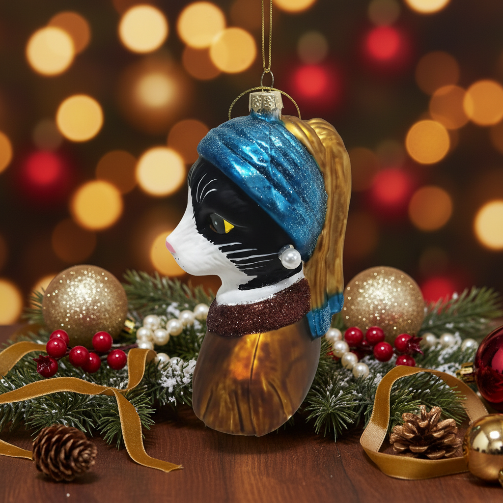 Boule de Noël Jeune Fille à la Perle Chat Tuxedo