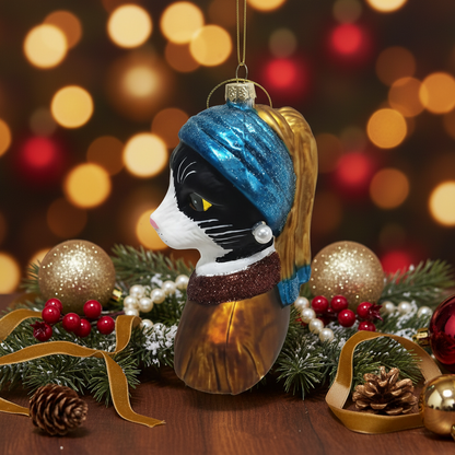 Boule de Noël Jeune Fille à la Perle Chat Tuxedo
