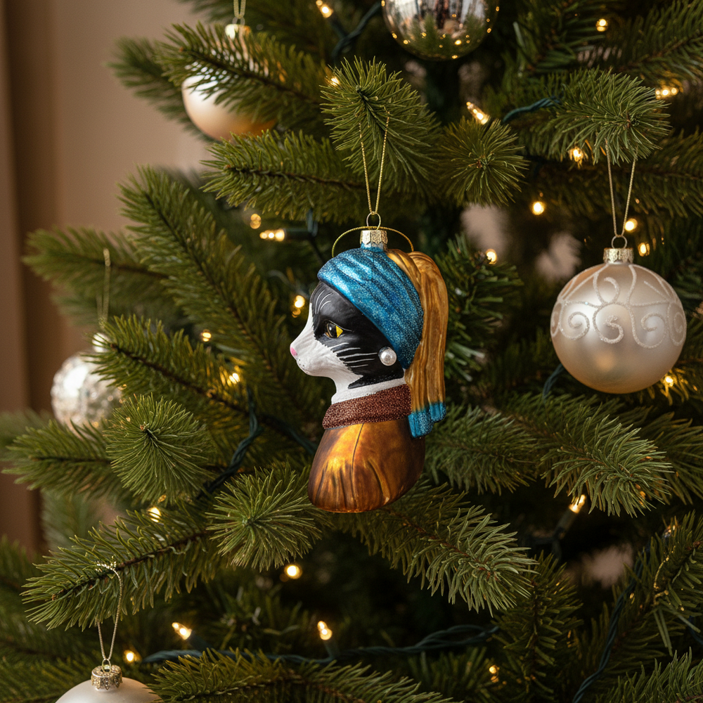 Boule de Noël Chat noir et blanc « La Jeune Fille à la perle »