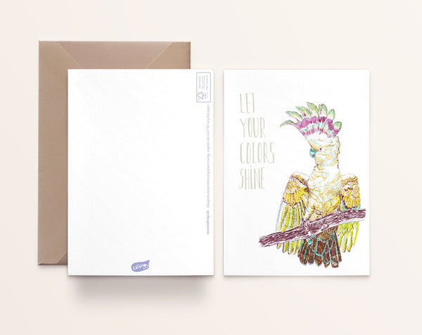 Carte de vœux Cacatoès Kathings Let Your Colors Shine avec enveloppe, format A6 éco-responsable