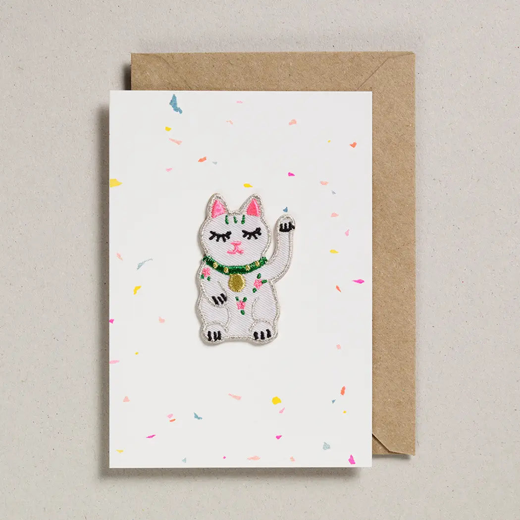 Biglietto d'auguri con toppa - Gatto fortunato