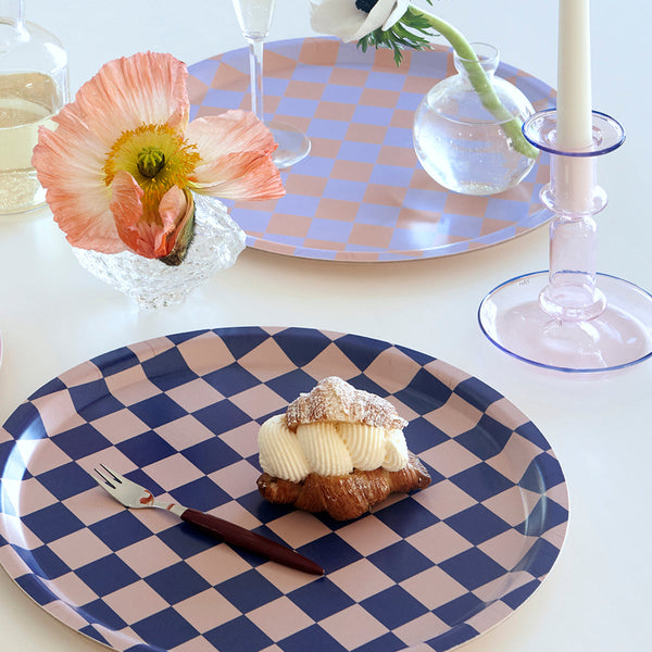 Indigo/Almond CHECKER Round Serving Tray - 31 cm