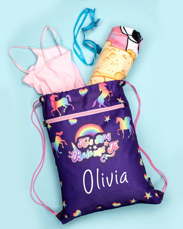 Personalized Drawstring Bag - Purple Unicorns