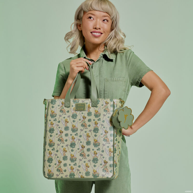 Borsa tote con stampa Peter Pan, Trilli e Trifoglio e portamonete