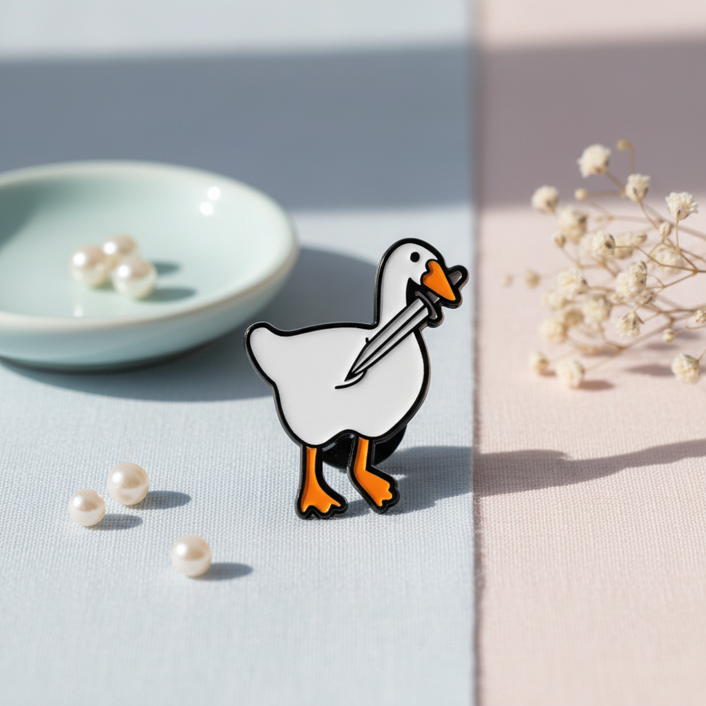 Anstecknadel mit weißer Ente und Schwert