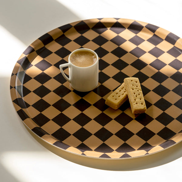 Chocolate/Gold CHECKER Round Serving Tray - 38 cm