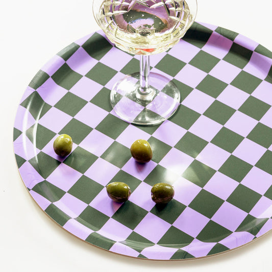 Lilac/Olive CHECKER Round Serving Tray - 31 cm
