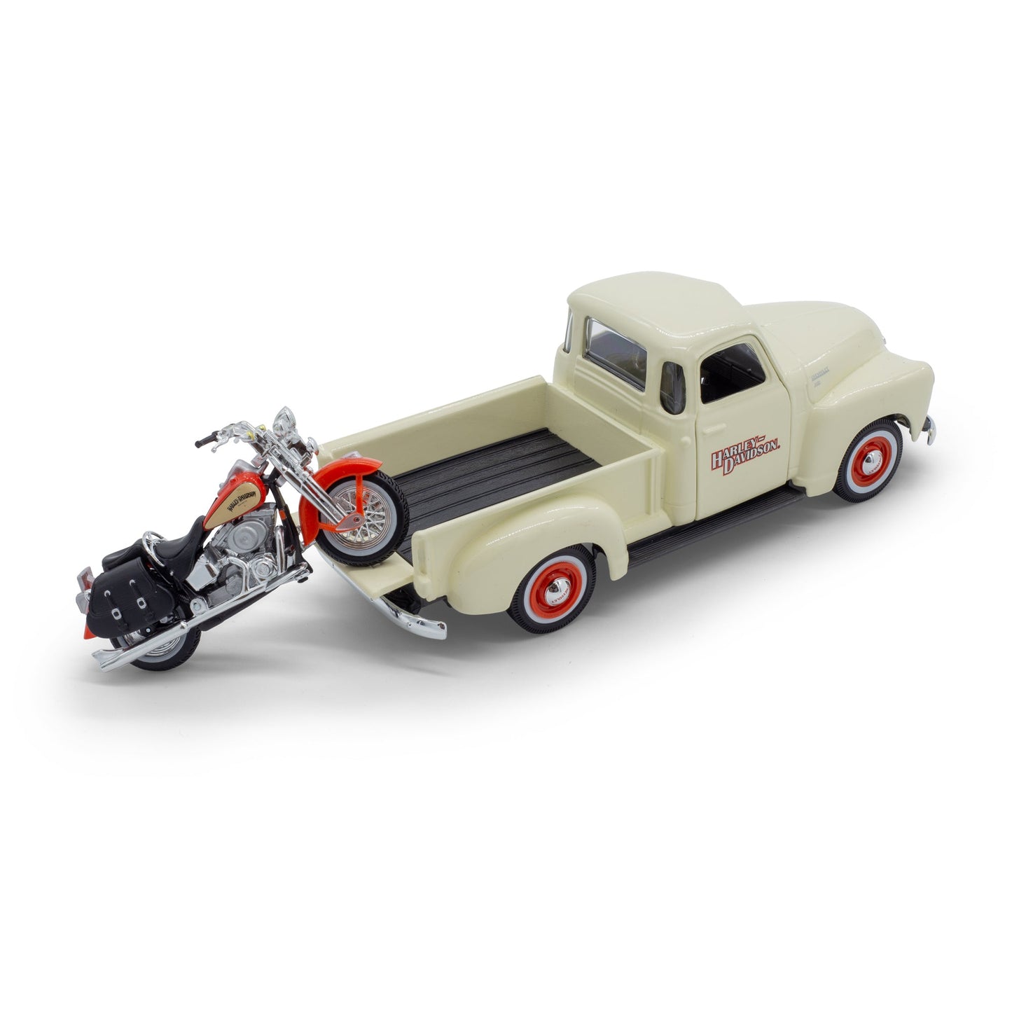 1:24 HARLEY DAVIDSON CHEVROLET 3100 PICKUP WITH FLSTS HERITAGE SPRINGER CHEVY