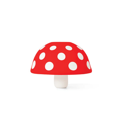 Fungilicious: Red mushroom with white dots, set on a bright white backdrop.