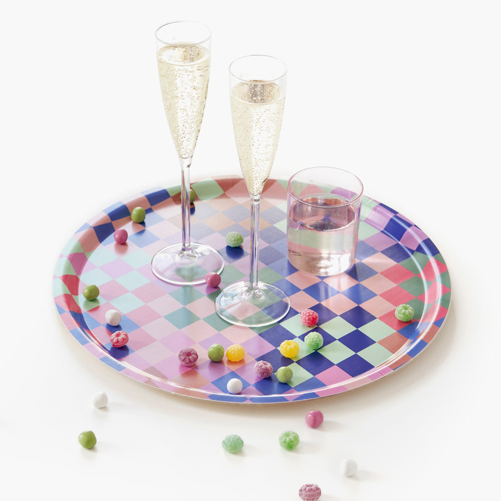 Multicolor Checker Round Serving Tray - 38 cm