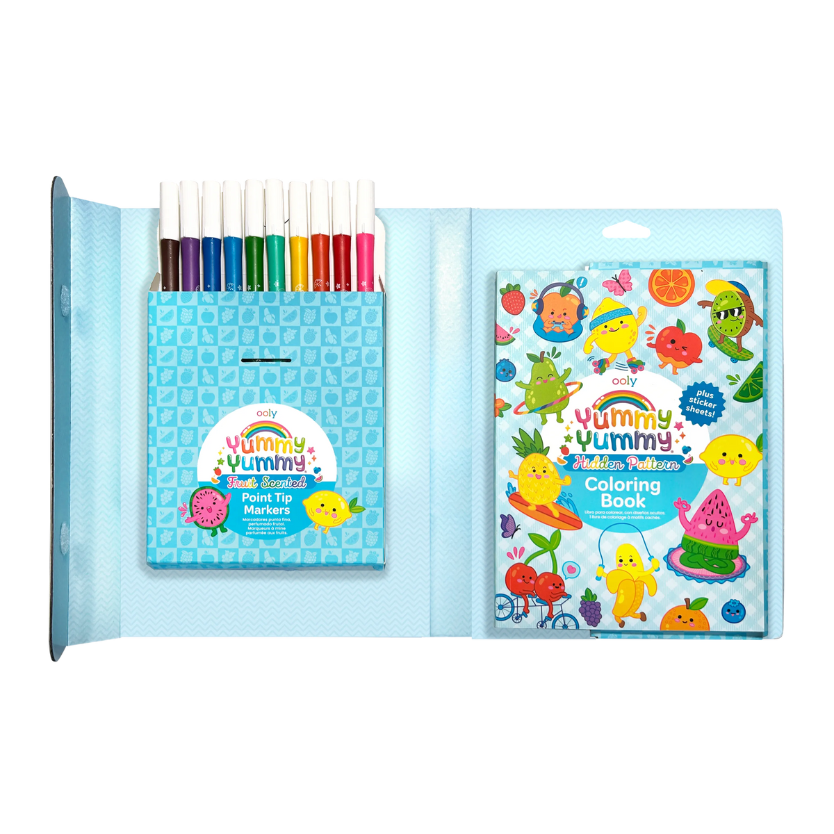 Kit de coloriage parfumé Yummy Yummy – 10 feutres, stickers et livre OOLY — contenu du kit ouvert