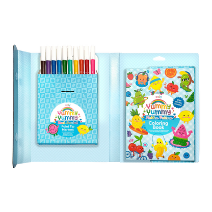 Kit de coloriage parfumé Yummy Yummy – 10 feutres, stickers et livre OOLY — contenu du kit ouvert