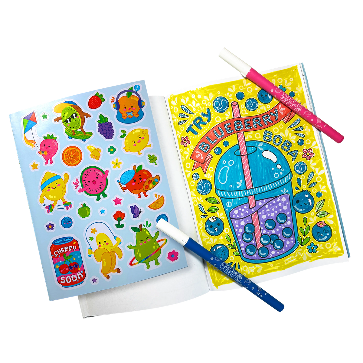 Kit de coloriage parfumé Yummy Yummy – 10 feutres, stickers et livre OOLY — livre de coloriage ouvert