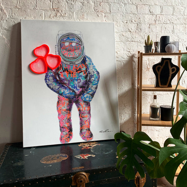'Spaceman Hearts' Wall Artwork with LED Neon - SMALL