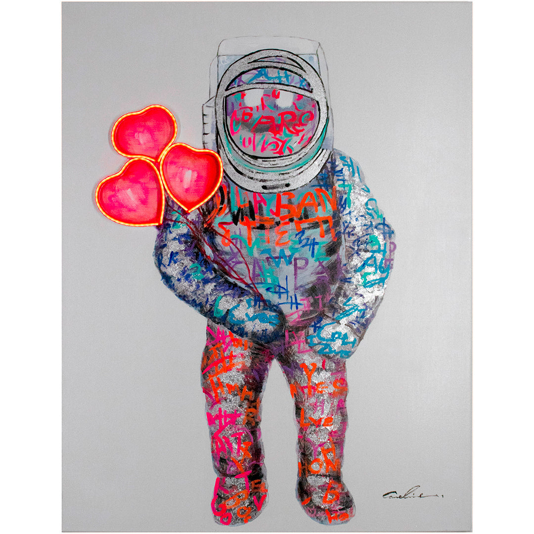 'Spaceman Hearts' Wall Artwork with LED Neon - SMALL