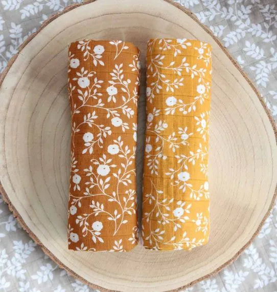 Lot de 2 Langes en Coton Bio - Fleurs Caramel