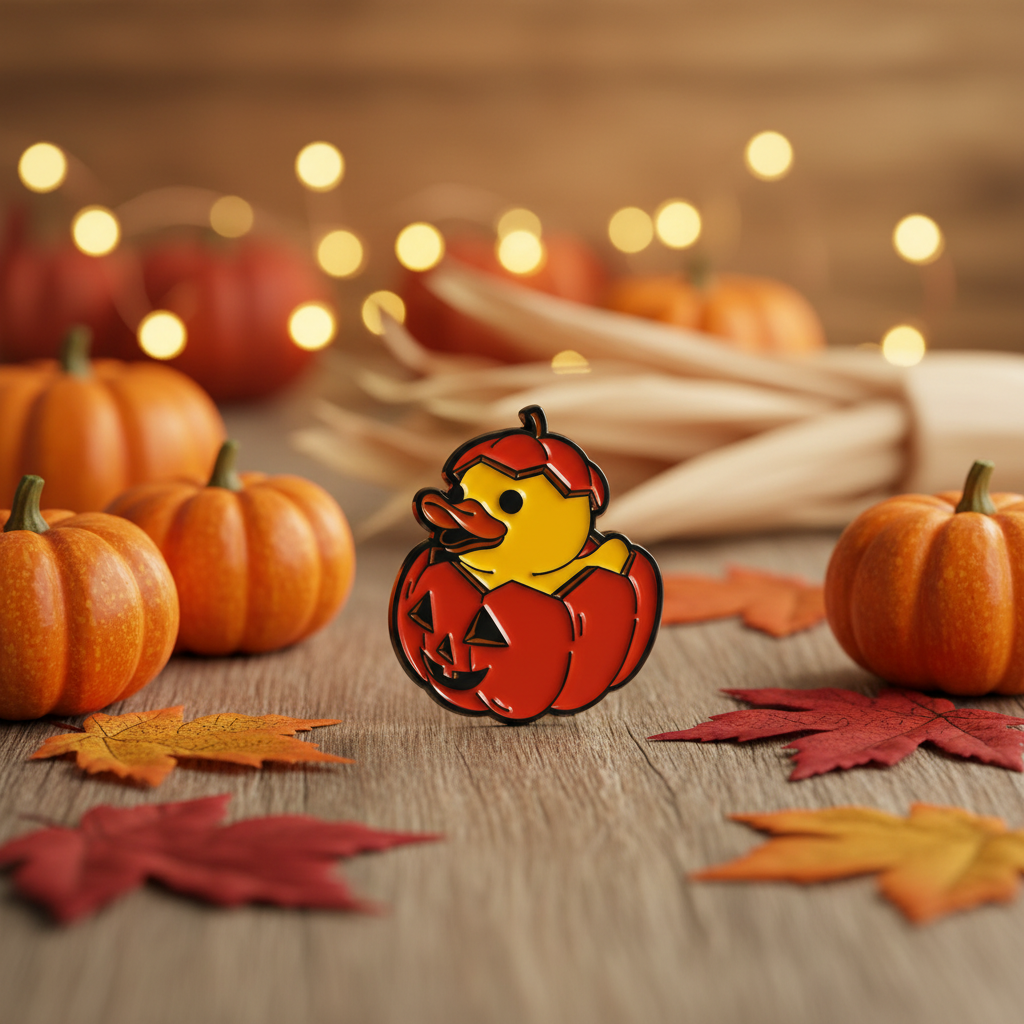 Spilla a forma di zucca con anatra gialla