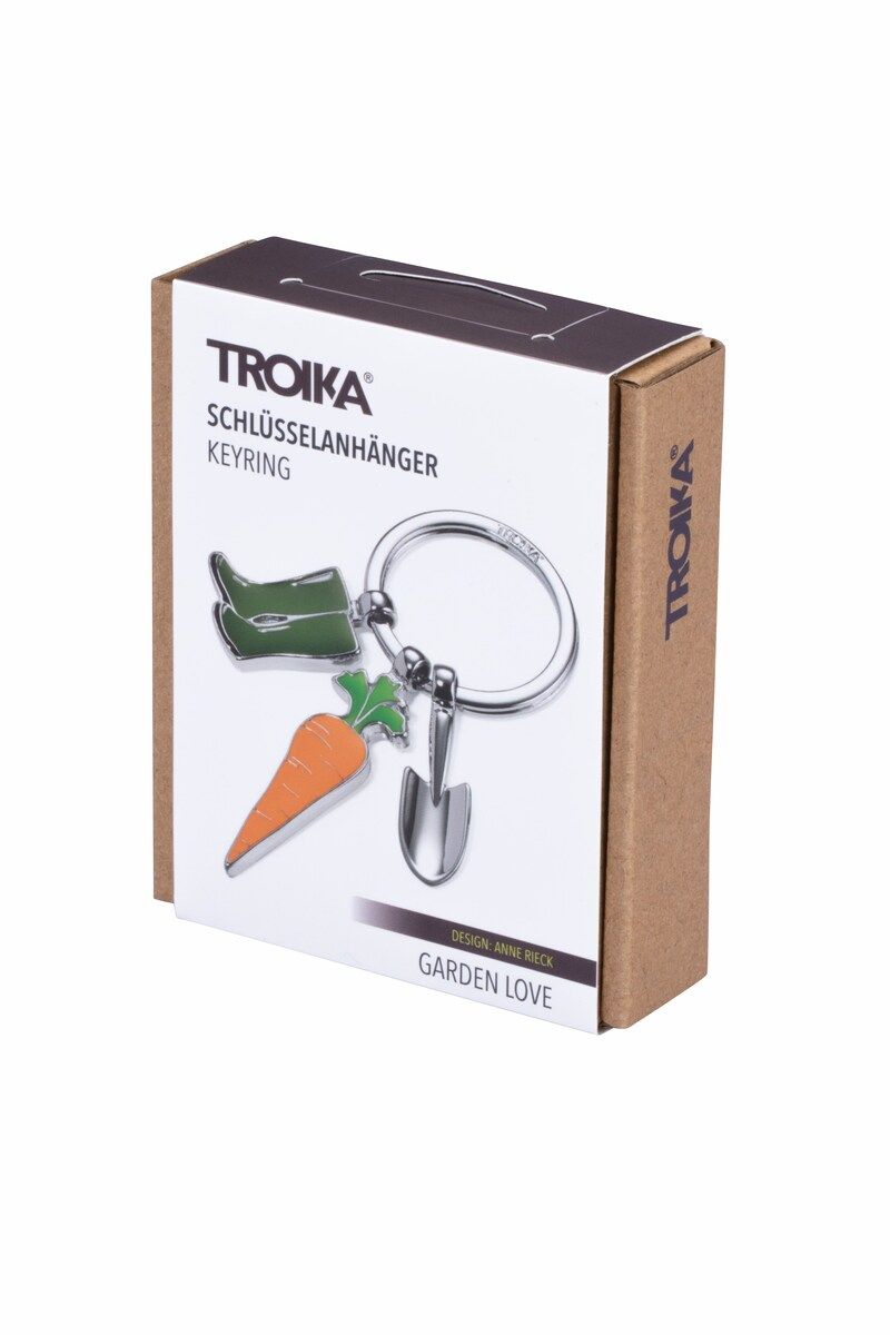 Portachiavi TROIKA GARDEN LOVE – stivali di gomma, una paletta e una carota