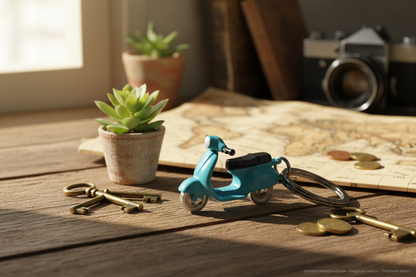 Blue retro scooter key door