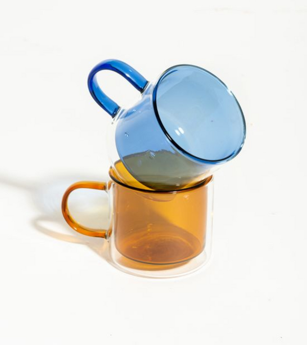 Blue-amber borosilicate double-wall Pair-a-tea mug set