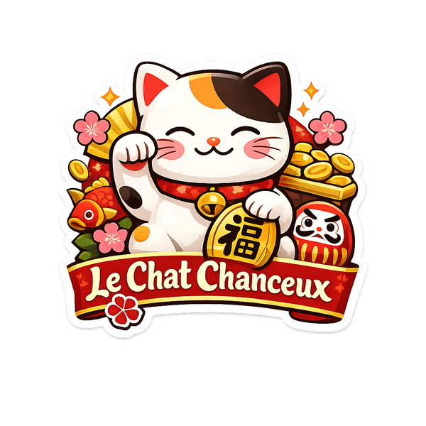Sticker Maneki Neko Le Chat Chanceux avec chat porte-bonheur japonais, daruma, fleurs de cerisier et pièce de prospérité.