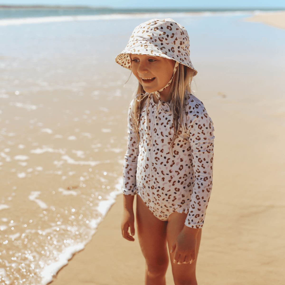 UV Swimsuit Girls With Sleeves - Khaki - Leopard