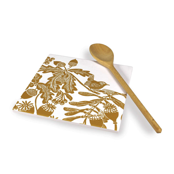 Dessous-de-plat en céramique Woodland Thistle Motif Oiseau Jaune ocre