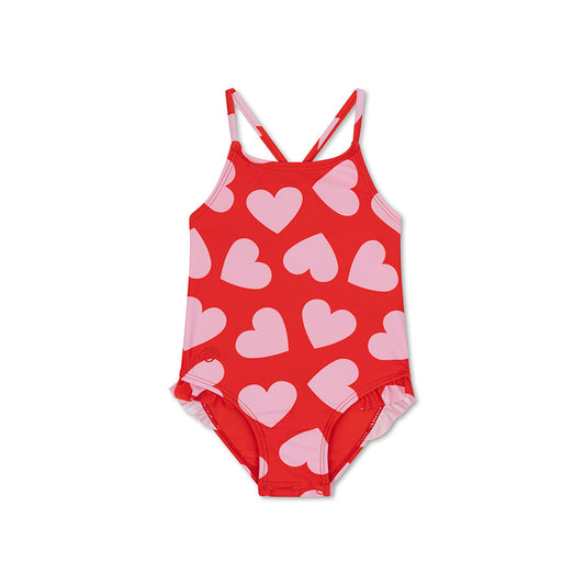 Girls' Swimsuit - Red - Hearts