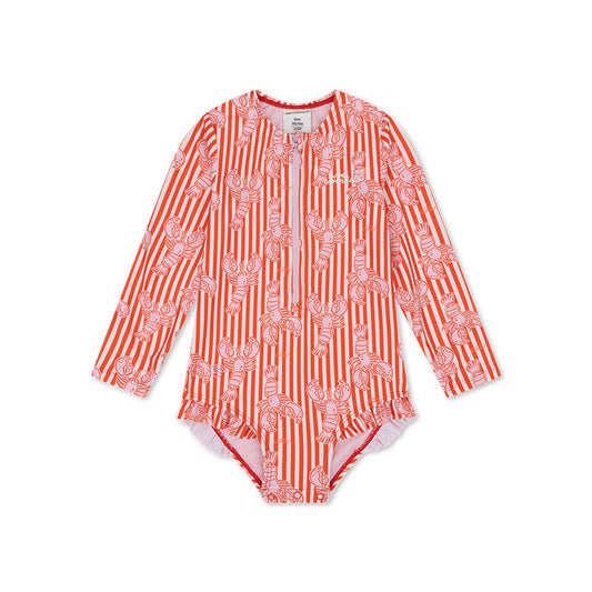 UV Swimsuit Girls With Long Sleeves - Red - Lobster Bay