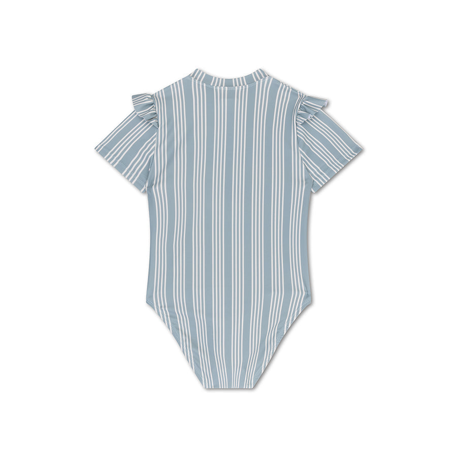 Swimsuit Girls With Short Sleeves - Green/White - Resort Stripe