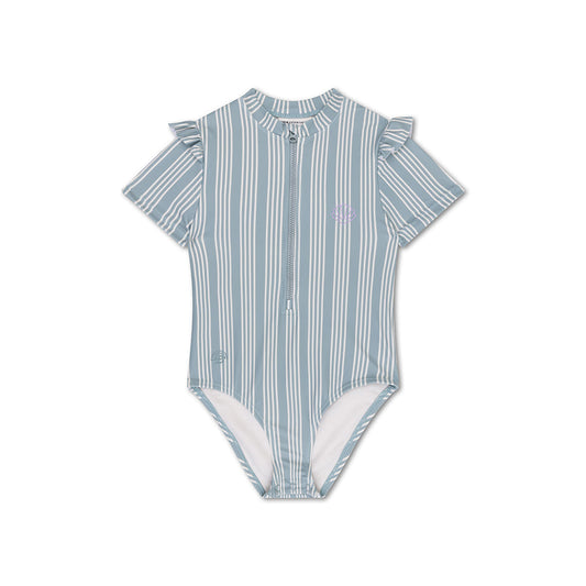 Swimsuit Girls With Short Sleeves - Green/White - Resort Stripe