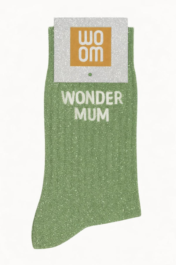 "Wonder Mum" Glitter Message Socks - Almond Green
