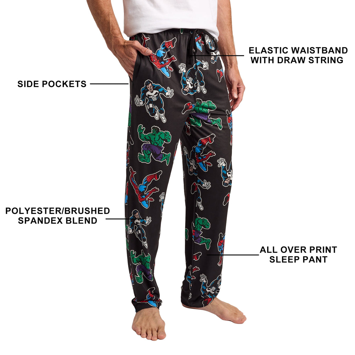 Marvel Comics Presents Spider-Man Punisher & Hulk All-Over Print Men's Black Sleep Pajama Pants