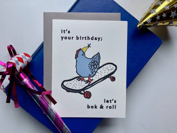 Chicken Skateboard "Bok &amp; Roll" Birthday Card