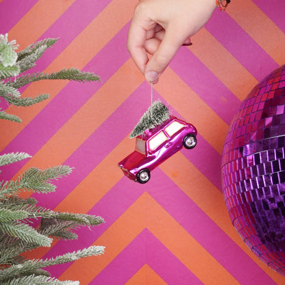 Boule de Noël Voiture Rose avec Sapin de Noël