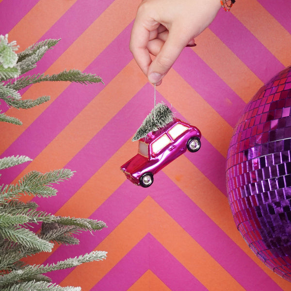 Boule de Noël Voiture Rose avec Sapin de Noël