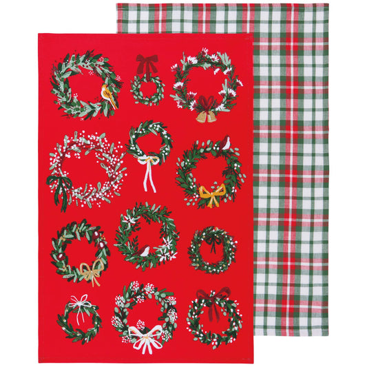 Set of 2 Christmas tea towels in the shape of wreaths