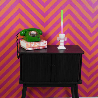 Candlestick - Stripes with Bow - White/Pink - 9x8x14cm