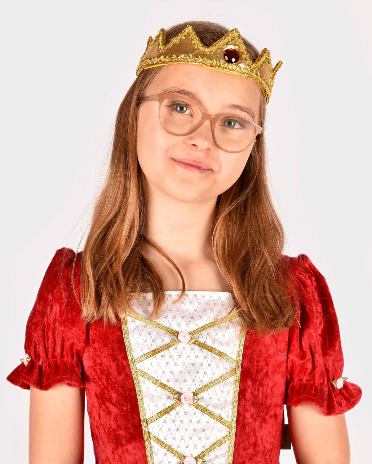 Couronne de roi textile dorée avec pierre rouge, fermeture velcro