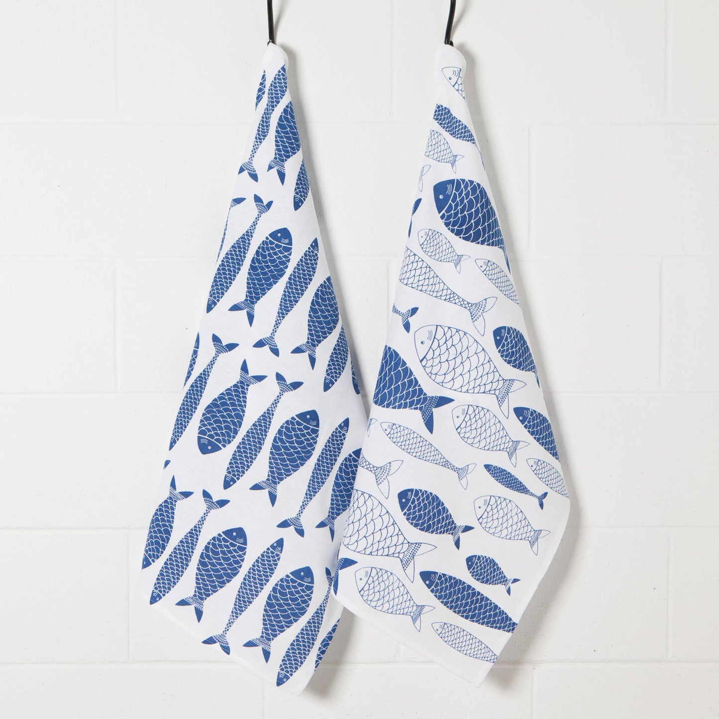 Set of 2 Floursack royal blue fish-patterned dish towels