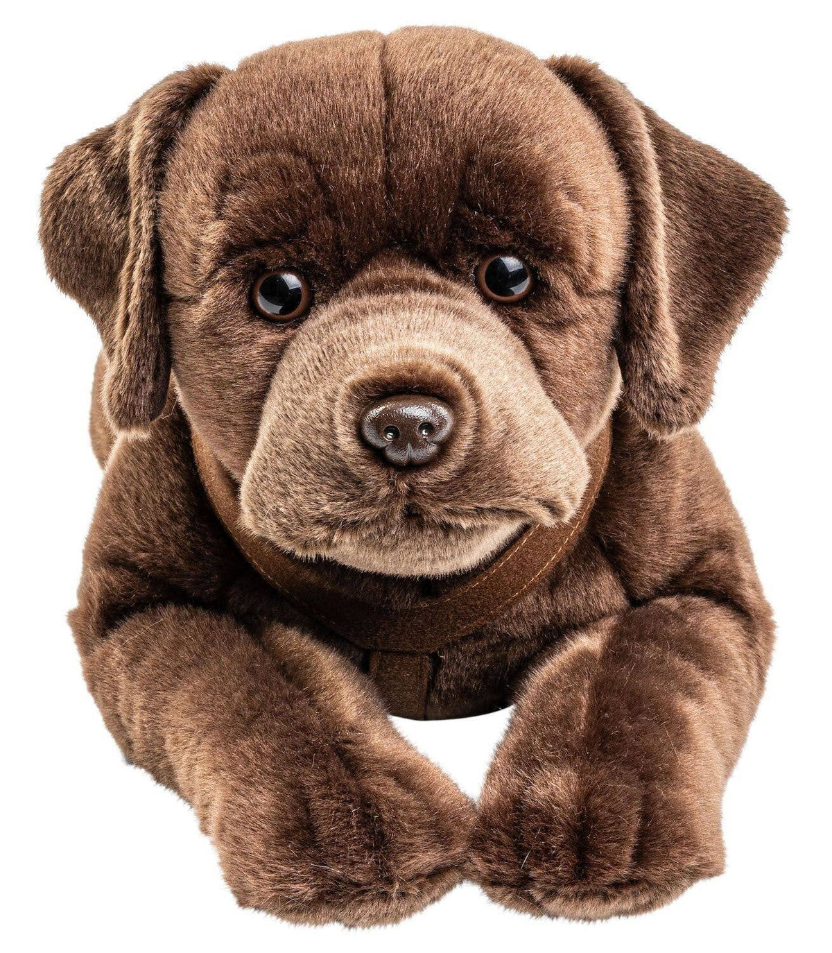 Lying brown labrador plush with harness